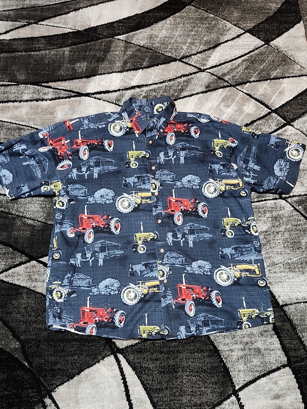 BIT & BRIDLE VINTAGE TRACTOR/FARM SCENES BUTTON-DOWN SHORT-SLEEVE SHIRT XL